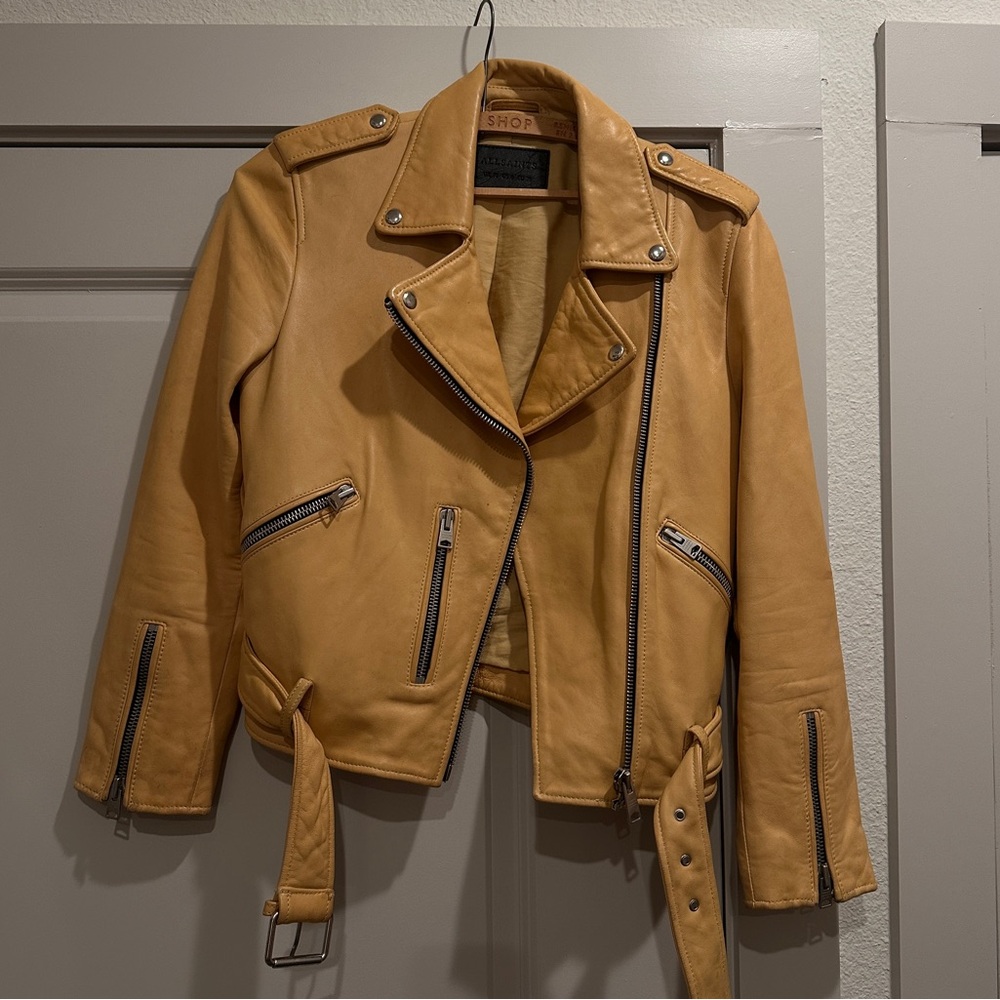 AllSaints Balfern Sheep Leather Pale Yellow Biker Moto Jacket US 6